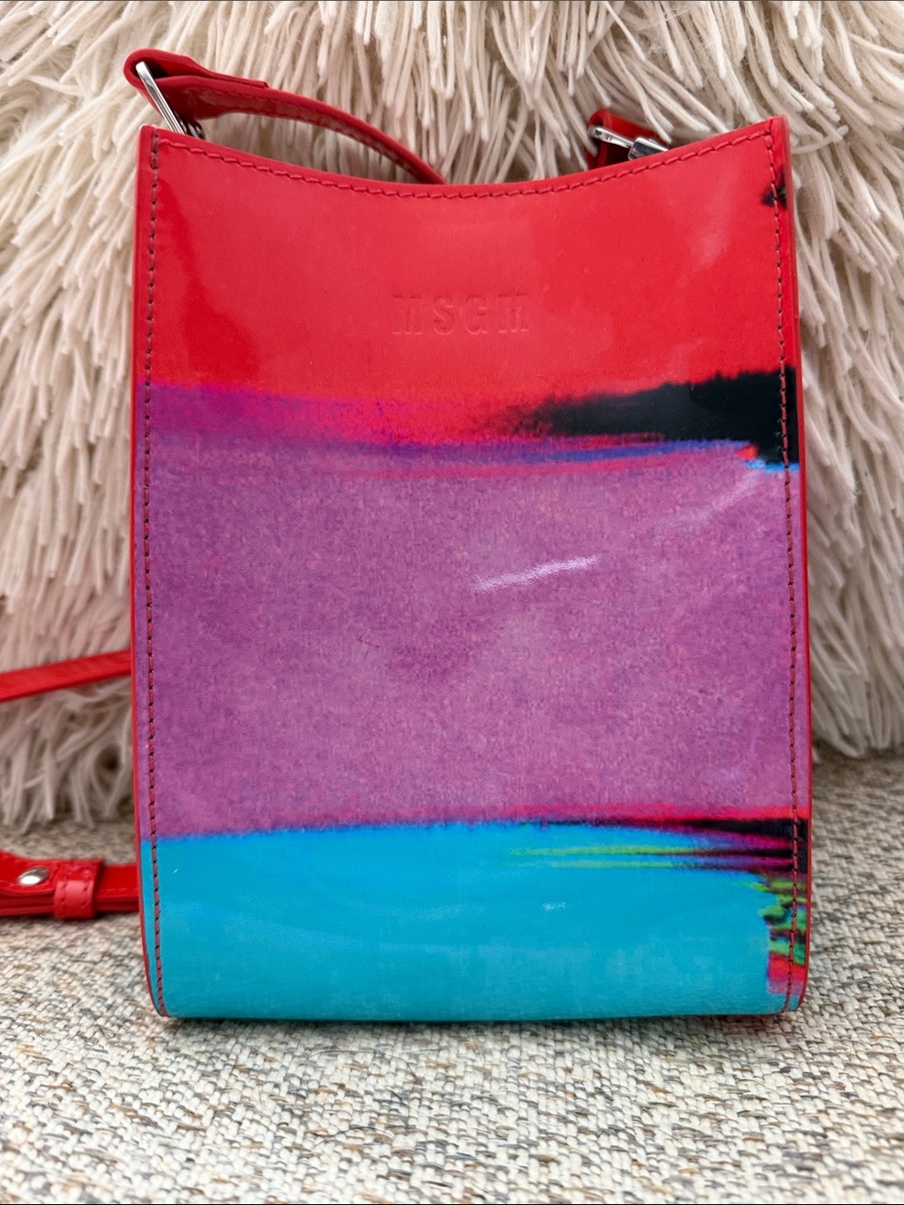 MSGM Red Pink Turquoise Patent Leather Crossbody Bag